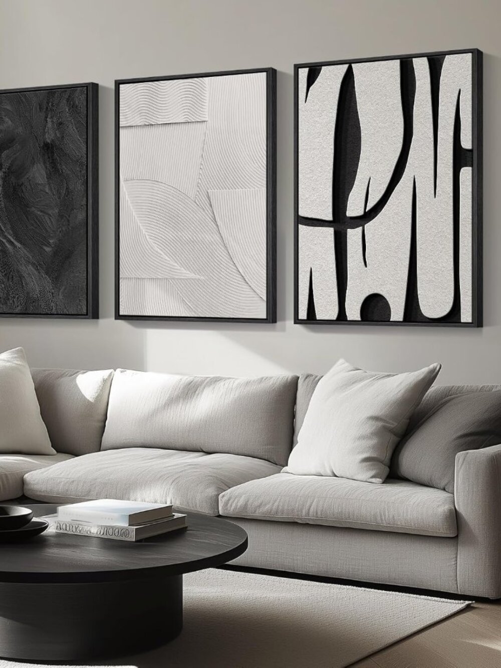 3 Piece Large Framed Black and White Abstract Wall Art